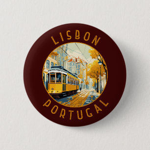 Badge Rond 5 Cm Lisbonne Portugal Tramway Jaune Rétro
