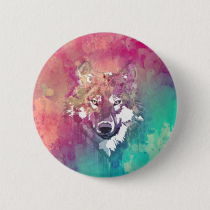 Badge Rond 5 Cm Loup abstrait artistique d'aquarelle rose de