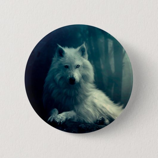 Badge Rond 5 Cm Loup blanc dans la forêt nocturne (Devant)