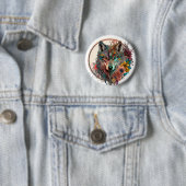 Badge Rond 5 Cm Loup Coloré Avec Fleurs (En situation)