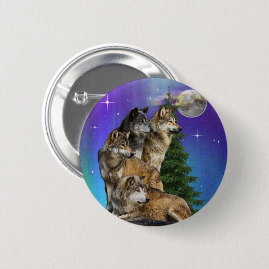 Badge Rond 5 Cm Loup et lune (Devant & derrière)