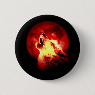 Badge Rond 5 Cm Loup hurlant la nuit rouge