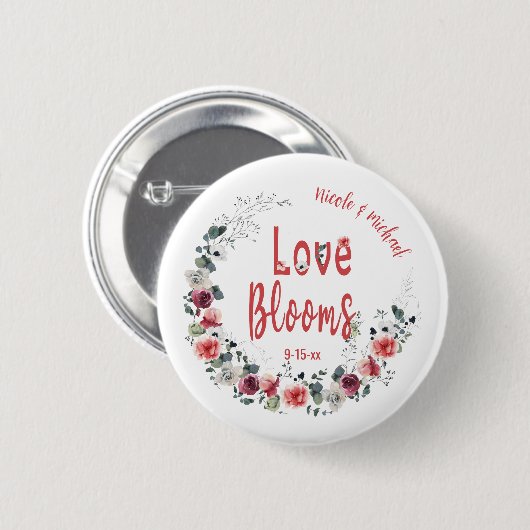 Badge Rond 5 Cm Love Blooms Personnalisée Mariée Groom Mariage Dat (Devant & derrière)