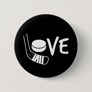 Badge Rond 5 Cm Love Hockey Sticks épelé et Puck Black