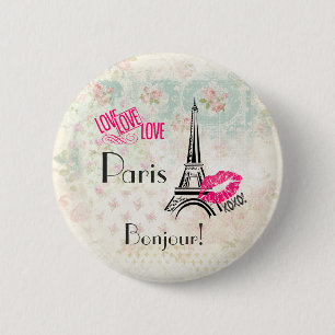 Badge Rond 5 Cm Love Paris with Eiffel Tower on Vintage Pattern