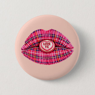 Badge Rond 5 Cm Love Ye Scottish Tartan Kiss Lips Scotland pink