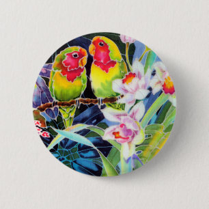 Badge Rond 5 Cm Lovebirds in Orchids Tropical Print Button Pin