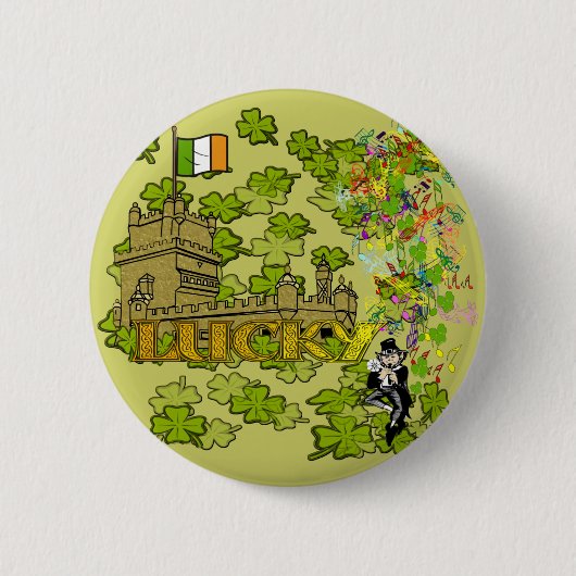 Badge Rond 5 Cm Lucky Leprechaun et son château irlandais (Devant)