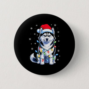 Badge Rond 5 Cm Lumières de Noël Chien Husky Chapeau de Père Noël
