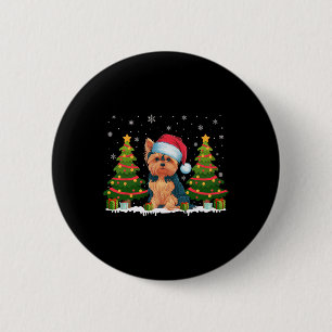 Badge Rond 5 Cm Lumières des arbres de Noël Yorkie Chien Santa Hat
