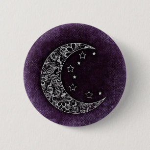 Badge Rond 5 Cm Lune à croissant floral d'or et étoiles sur viol