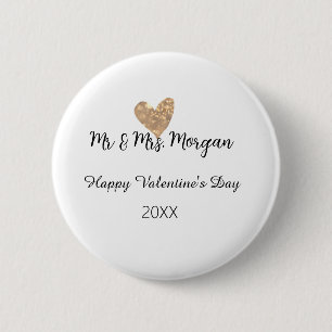 Badge Rond 5 Cm M & Mme nom joyeuse Saint-Valentin cœur doré