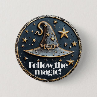 Badge Rond 5 Cm Magic broche sorcière pointé casquette et étoiles 