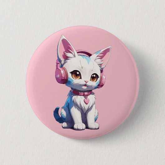 Badge Rond 5 Cm Magic Chaton Mignon avec Écouteurs (Devant)