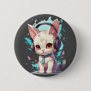 Badge Rond 5 Cm Magic Chaton Mignon avec Écouteurs
