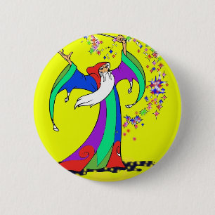 Badge Rond 5 Cm Magicien jetant des sorts colorés avec la baguette