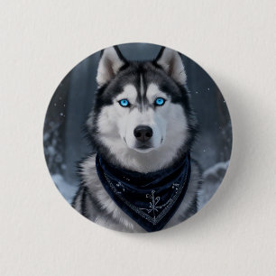 Badge Rond 5 Cm Magnifique Husky Sibérien Yeux Bleus Hiver Neige A