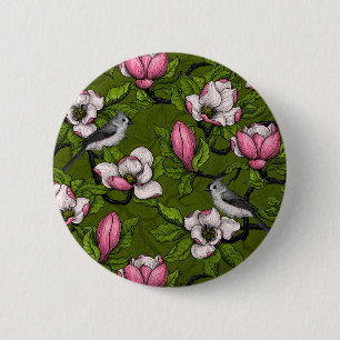Badge Rond 5 Cm Magnolia en floraison et oiseau de tireur 2