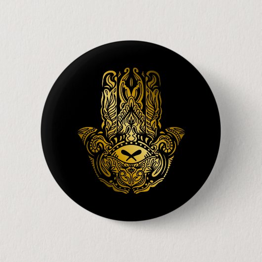 Badge Rond 5 Cm Main de Hamsa - Amulette arabe dorée (Devant)