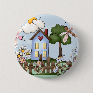 Badge Rond 5 Cm Maison de campagne bleue mignonne au soleil