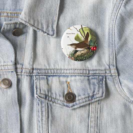 Badge Rond 5 Cm Maison Wren par John James Audubon, Birdwatcher Bi (En situation)