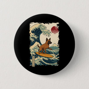 Badge Rond 5 Cm Malinois belge surfant sur la vague japonaise de K