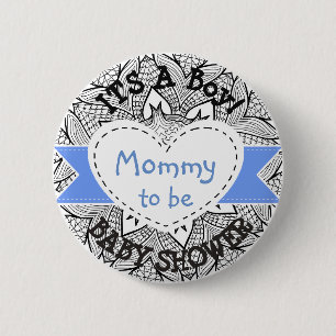 Badge Rond 5 Cm Maman rayée bleue de bouton de baby shower à êt