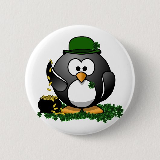 Badge Rond 5 Cm Manchot Chanceux de la Saint-Patrick avec Pot d'Or (Devant)