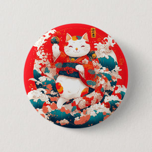 Badge Rond 5 Cm Maneki-Neko, Chat japonais chanceux