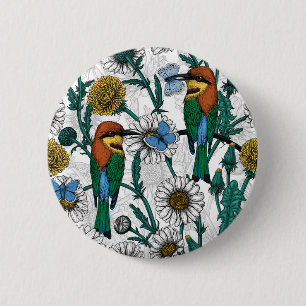 Badge Rond 5 Cm Mangeurs d'abeilles, papillons bleus et marguerite