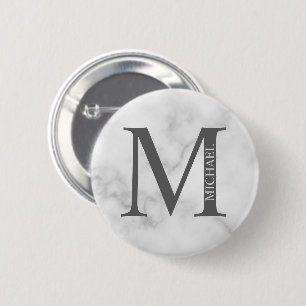 Badge Rond 5 Cm Marbre blanc Monogramme personnalisé et nom