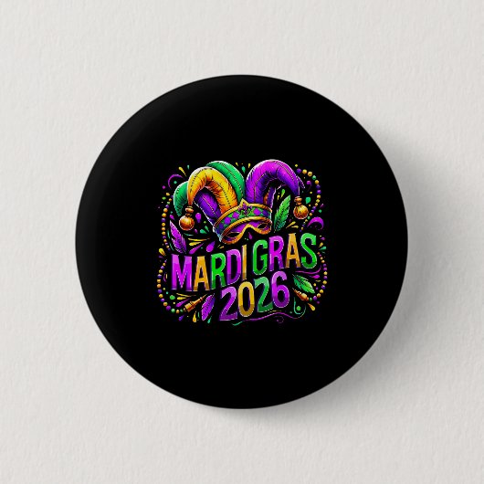 Badge Rond 5 Cm Mardi Gras 2026 Jester Hat Carnival New Orleans Fl (Devant)