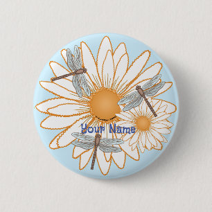Badge Rond 5 Cm Marguerite blanche Libellule