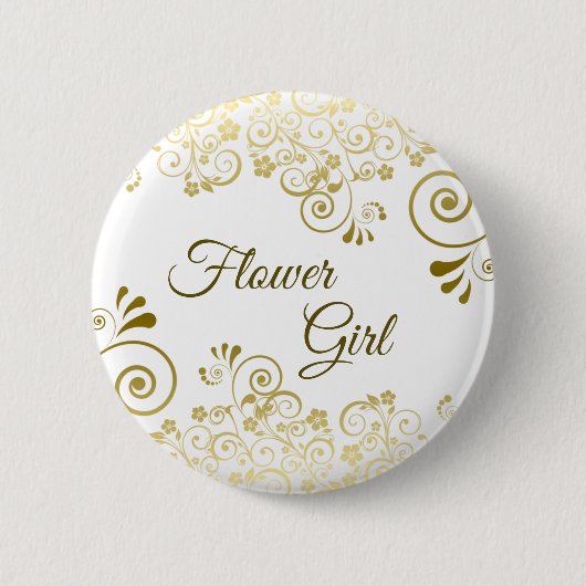 Badge Rond 5 Cm Mariage de fille à fleur or et blanc élégant (Devant)