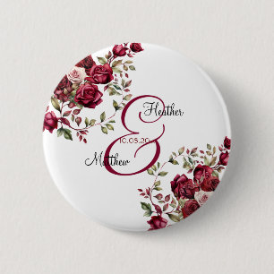 Badge Rond 5 Cm Mariage de script moderne floral de Bourgogne
