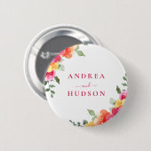 Badge Rond 5 Cm Mariage floral aquarelle rose vibrant (Devant & derrière)