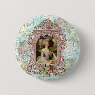 Badge Rond 5 Cm Marie Antoinette dans un cadre rose
