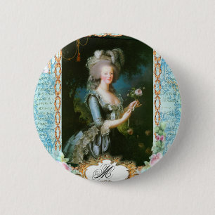 Badge Rond 5 Cm Marie Antoinette et Roses roses