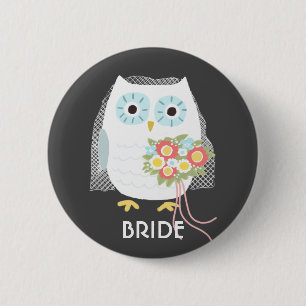 Badge Rond 5 Cm Mariée Chouette avec Voile et Fleurs Jolie Femme