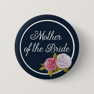 Badge Rond 5 Cm Marine Bleu Blanc Vintage Floral Mère de mariée