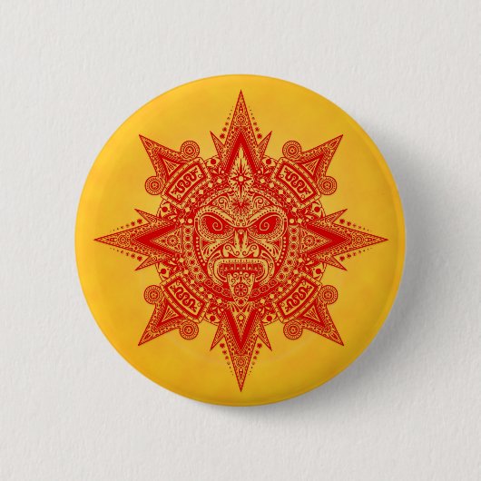 Badge Rond 5 Cm Masque aztèque de Sun - rouge et jaune (Devant)