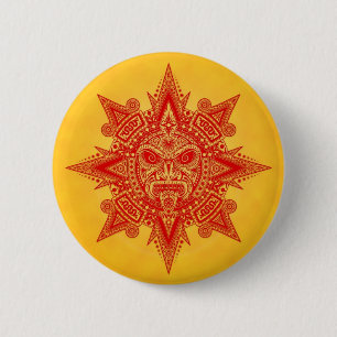 Badge Rond 5 Cm Masque aztèque de Sun - rouge et jaune