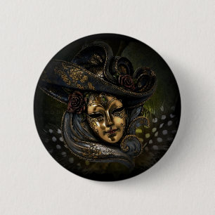 Badge Rond 5 Cm Masque vénitien de carnaval d'or avec le casquett