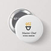 Badge Rond 5 Cm Master chef add name black pan yellow fire fume co (Devant & derrière)