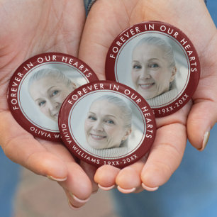 Badge Rond 5 Cm Mémorial Funéraire Rouge Photo pour Toujours dans