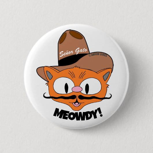 Badge Rond 5 Cm MEOWDY ! Bouton Dessin Mustache Cowboy (Devant)