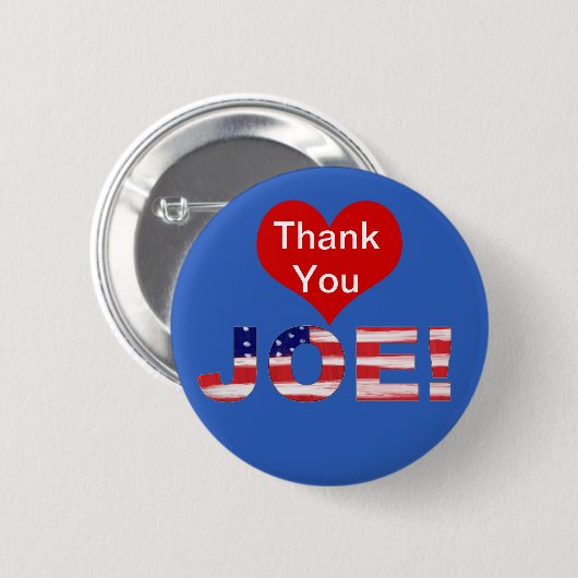 Badge Rond 5 Cm Merci JOE ! En bleu avec indicateur (Devant & derrière)