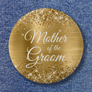Badge Rond 5 Cm Mère du Marié Pailleté Feuille d'Or