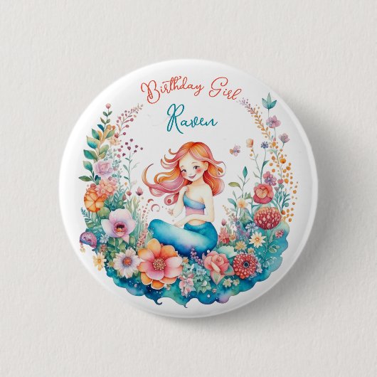 Badge Rond 5 Cm Mermaid Fille à thème Anniversaire (Devant)