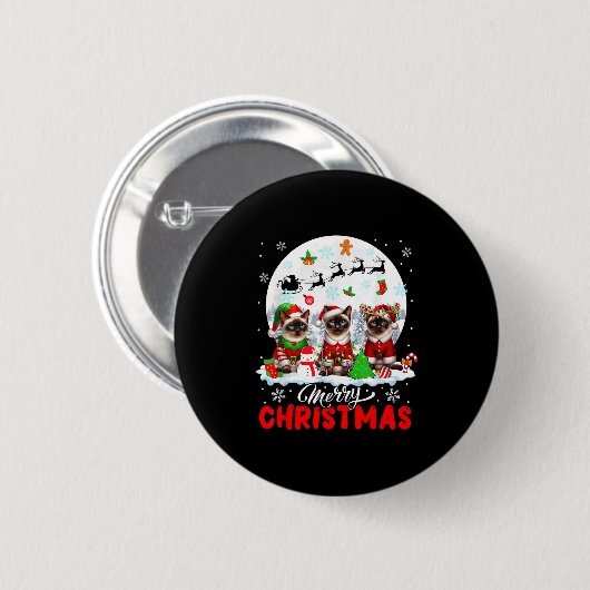 Badge Rond 5 Cm Merry Christmas Three Santa Elf Reindeer Siamese C (Devant & derrière)
